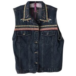 Bill Blais size 1X Embroidered Denim Vest with Colorful Accents front pockets